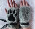 Cute Grey Furry Wolf Fox Dog Neko Cat Paw Print Faux Fake Fur Fingerless Gloves Wrist Warmers Halloween Costume Cosplay Festival