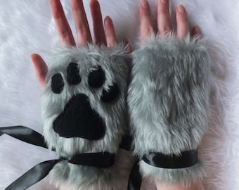 Niedlicher grauer pelziger Wolf Fuchs Hund Neko Katze Pfotenabdruck Faux Kunstpelz Fingerlose Handschuhe Pulswärmer Halloween Kostüm Cosplay Festival