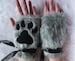 Cute Grey Furry Wolf Fox Dog Neko Cat Paw Print Faux Fake Fur Fingerless Gloves Wrist Warmers Halloween Costume Cosplay Festival 