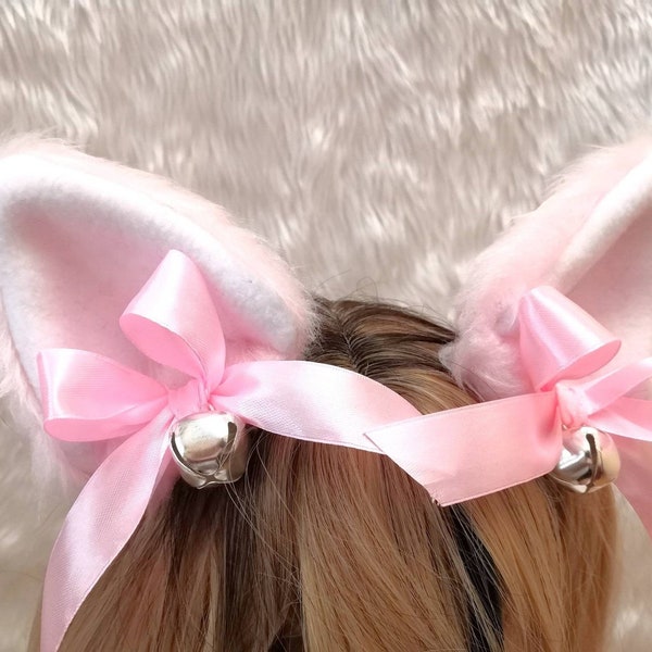 Choisissez vos couleurs | Rose fourrure chat oreilles rubans cloches pinces à cheveux Kawaii Halloween Costume Festival Fursuit mignon Neko Cosplay