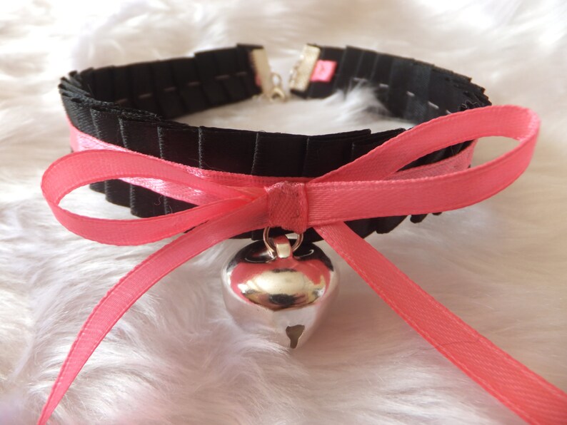 Black Ruffled Pink Ribbon Cosplay Anime Maid Choker Cat Bell Etsy