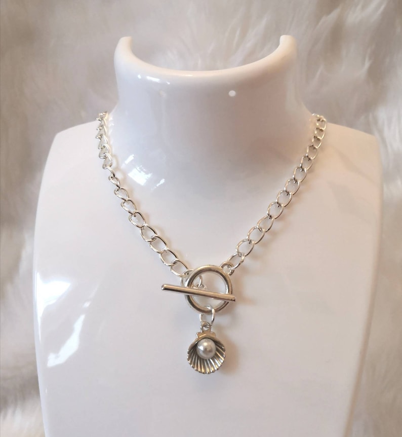Mermaid Sea Shell Faux Pearl Charm T-Bar Necklace Earring Gift Set Valentines Alternative Hippy Boho Silver Cosplay