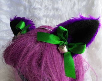 Choose Your Colours | Purple Green Furry Joker Cat Ears Ribbons Bells Headband Kawaii Halloween Costume Festival Fursuit Cute Neko Cosplay