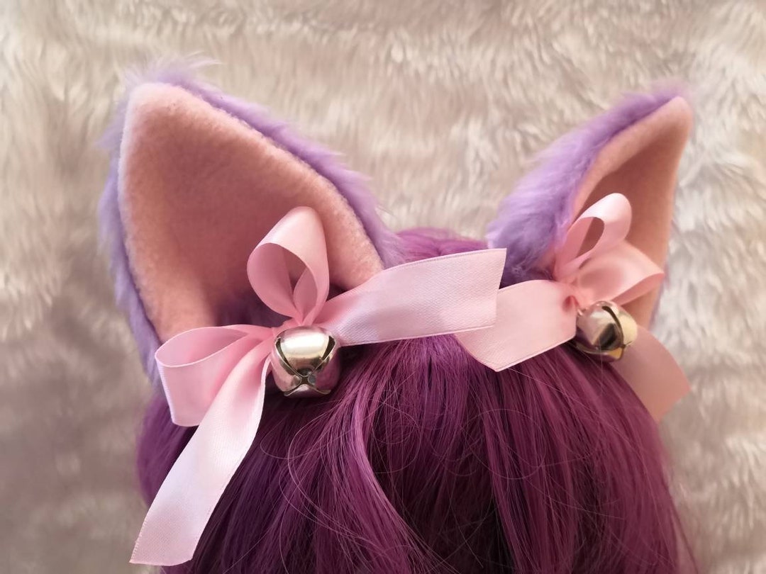 Lilac Purple Furry Cosplay Cat Neko Ears Ribbons Bells Hair Clips Headband Hairband Kawaii