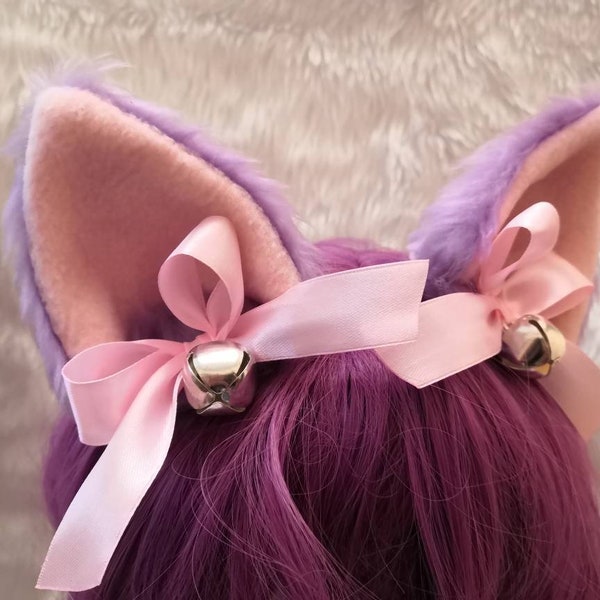 Lilac Purple Furry Cosplay Cat Neko Ears Ribbons Bells Hair Clips Headband Hairband Kawaii Halloween Costume Festival Fursuit Cute