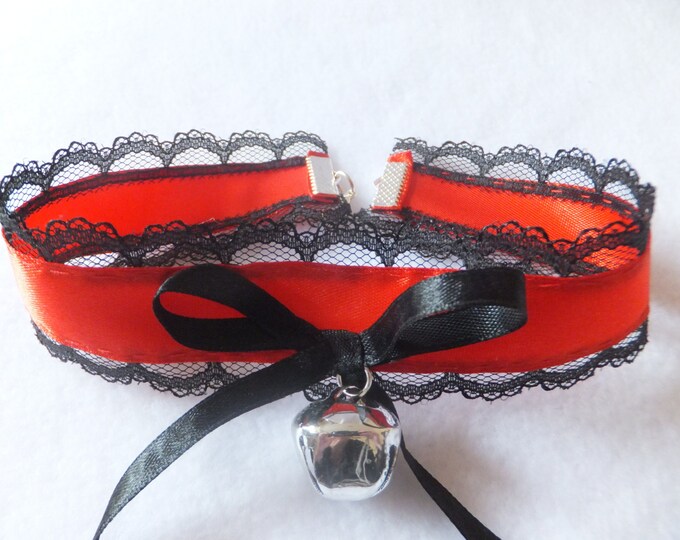 Red Cosplay Black Lace Silver Bell Cat Collar Maid Choker Cute Kawaii