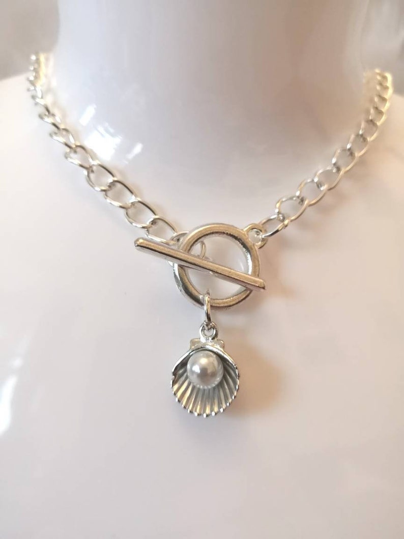 Mermaid Sea Shell Faux Pearl Charm T-Bar Necklace Earring Gift Set Valentines Alternative Hippy Boho Silver Cosplay