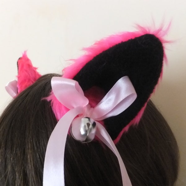 Hot Pink Black Furry Cosplay Cat Neko Ears Ribbons Bows Bells Hair Clips Kawaii Halloween Costume Festival Fursuit Mignon Fuschia Cerise