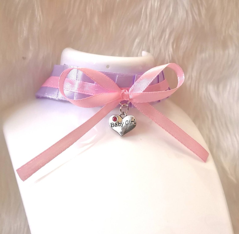 Baby Girl Heart Lilac Pink Ruffled Ribbon Choker Ddlg BDSM Collar Necklace Lolita Age Play Kinky Submissive Fetish Princess Daddy Sub ABDL