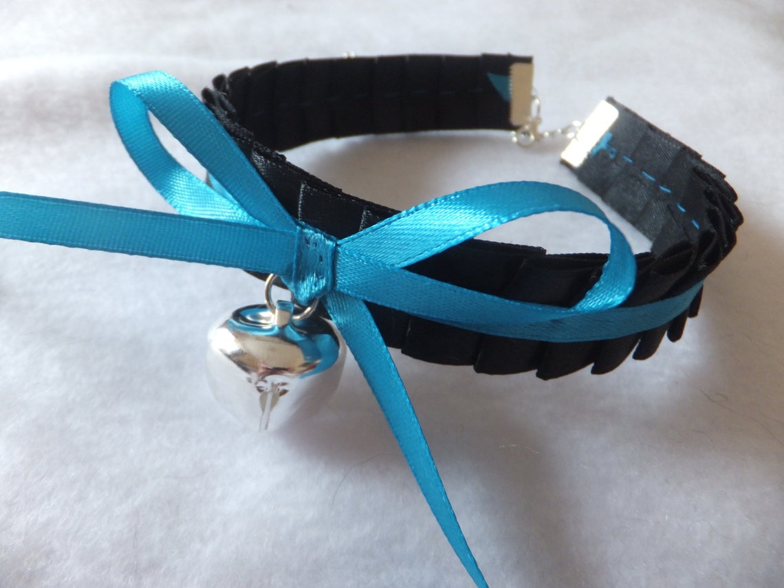Black Ruffled Blue Ribbon Cosplay Anime Maid Choker Cat Bell Etsy