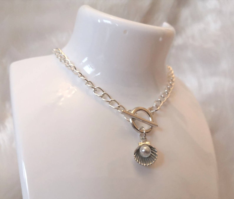 Mermaid Sea Shell Faux Pearl Charm T-Bar Necklace Earring Gift Set Valentines Alternative Hippy Boho Silver Cosplay