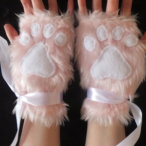 Cute Baby Pink Furry Wolf Fox Dog Cat Bear Paw Print Fingerless Gloves Wrist Warmers Halloween Festival Fursuit