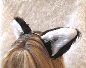 Cosplay Furry Black and White Dark Wolf Fox Ears on Hair Clips or Headband