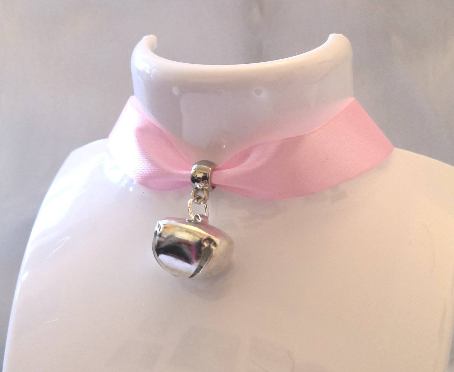 Pink Ribbon Silver Bell Collar BDSM Choker Neko Outfit