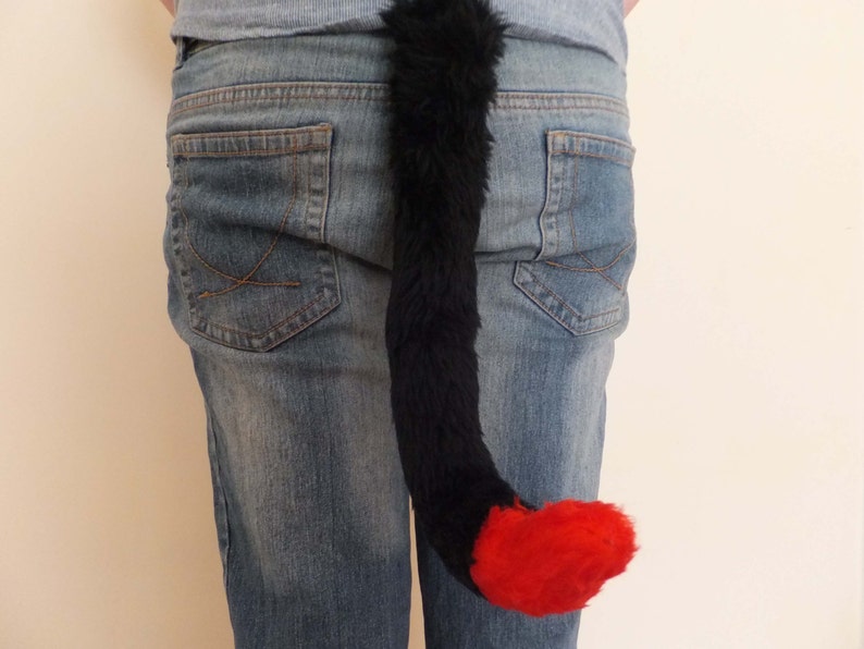 Black Red Tip Cosplay Furry Cat Tail Wired or Unwired Neko Costume Wired Halloween Dress-up