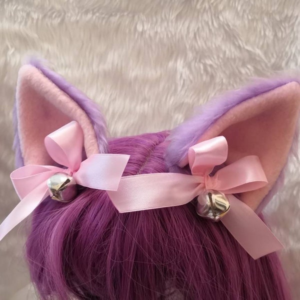 Choisissez vos couleurs | Lilas Violet Fourrure Cosplay Chat Neko Oreilles Rubans Cloches Pinces cheveux Kawaii Halloween Costume Festival Fursuit Mignon