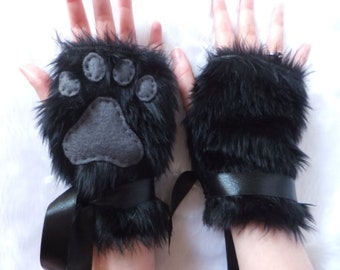Wähle deine Farben | Schwarz & Grau pelzigen Wolf Fuchs Hund Bär Katze Fingerlose Pfoten Handschuhe Pulswärmer Halloween süße Kawaii Kätzchen spielen