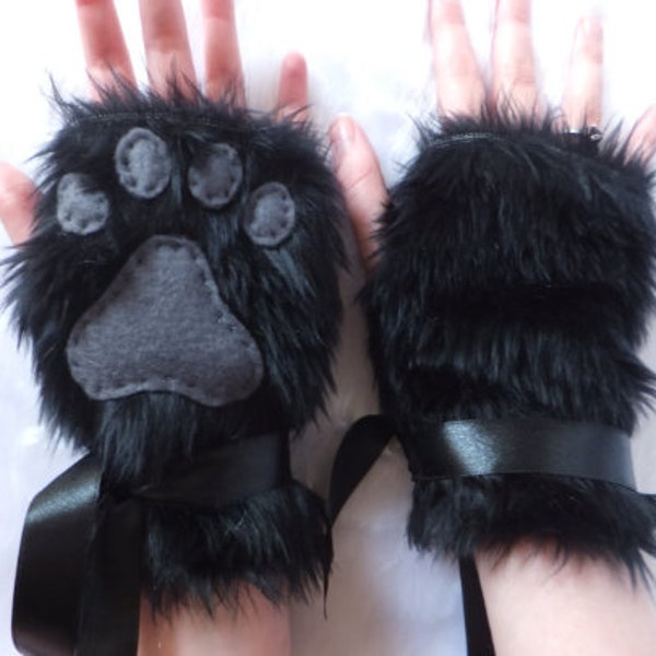 Choose Your Colours | Black & Grey Furry Wolf Fox Dog Bear Cat Fingerless Paw Gloves Wrist Warmers Halloween Cute Kawaii Kitten Play