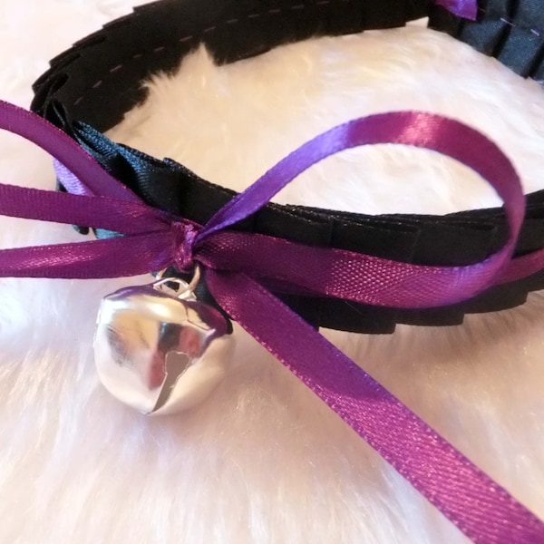 Black Purple BDSM Collar Ribbon Bell Kitten Play Cosplay Anime Ddlg Choker Cat Silver Necklace Kitty Neko  Lolita Kawaii Valentines