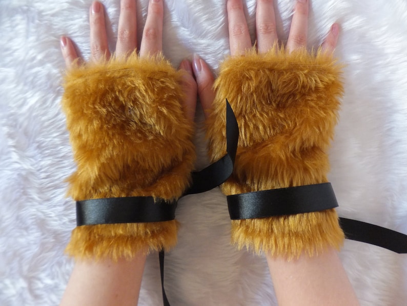 Brown Furry Wolf Fox Dog Bear Lion Cat Paw Print Fingerless Gloves Wrist Warmers Werewolf Halloween Costume Festival Fursuit image 3