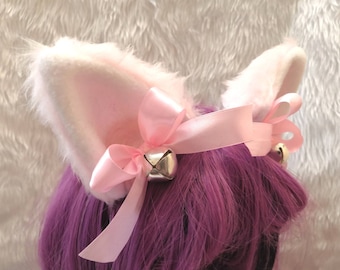 Pink White Bow Silver Bells Furry Cosplay Cat Neko Ears Ribbons Headband Hairband Hair Clips Kawaii Halloween Costume Festival Fursuit Cute