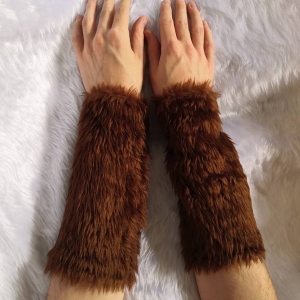 Choose Your Colour | Brown Elbow Length Furry Faux Fur Cat Wolf Fox Neko Fingerless Long Arm Warmers Halloween Rave Unisex