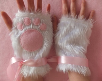 Niedliche weiße &pink pelzige Katzenpfote Neko Fingerlose Handschuhe Cosplay Halloween Kostüm Festival