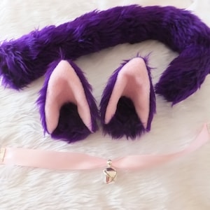 Purple Furry Cosplay Cat Neko Set Ears Hair Clips Tail Bell Collar Kawaii Cute Halloween Festival Costume Kitty Kitten  Pet