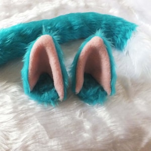 Electric Turquoise Blue White Tip Furry Cosplay Cat Tail Neko Set Ears Hair Clips Kawaii Cute Halloween Festival Costume