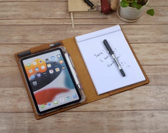 Läderfodral till iPad mini med A5-anteckningsblock, foliofodral till iPad mini med hållare för Apple Pencil för resor, personlig present