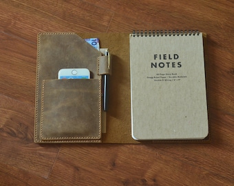 Handmade Leather Field Notes Cover: 6x9 Steno Book, Pen & Phone Holder