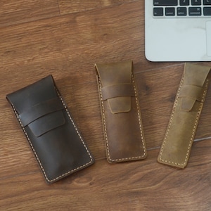 Leather Pen Case,Leather Pens Sleeve Cover,Crazy Horse Leather Pen Pouch with Cover Strap Locked,Personalized Pen Holder,Gift for Men Women