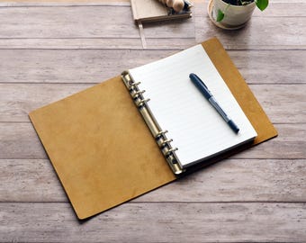 Leather A5 Binder Cover,6-Rings Planner with Papers Refillable in Crazy Horse Leather,Personalized Gift