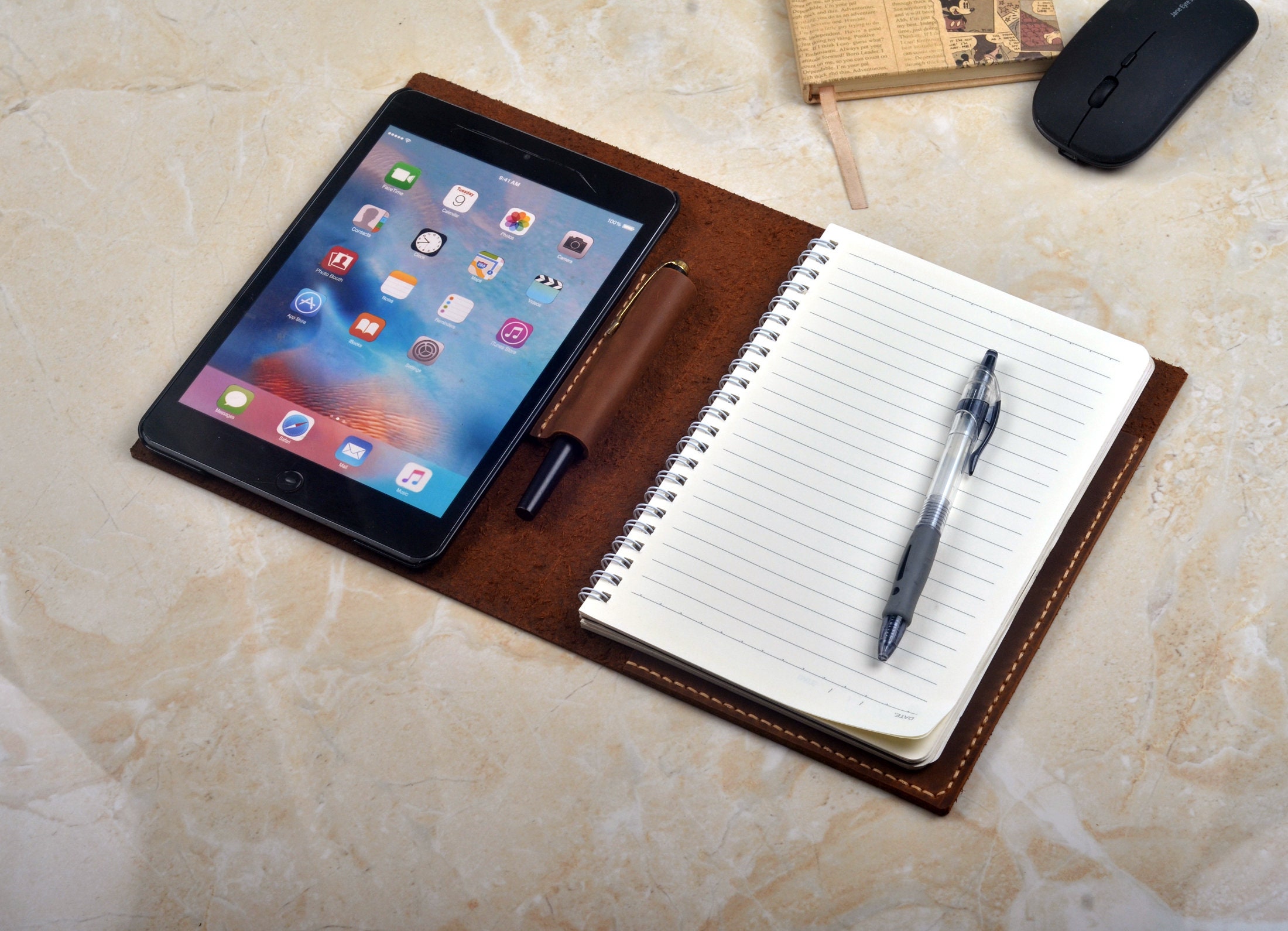 Capa de couro Crazy Horse para iPad Mini feita à mão com bloco de notas A5