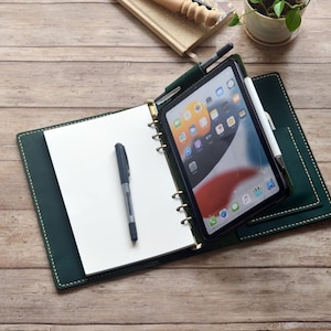 Funda de cuero para iPad Mini con carpeta de 6 anillas A5, para zurdos.