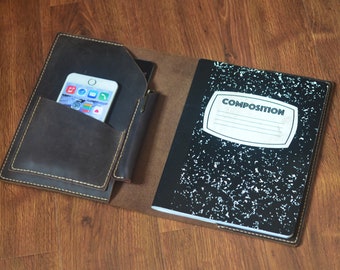 Leather Composition Book Cover: iPad Mini Tablet Portfolio, Personalized Organizer