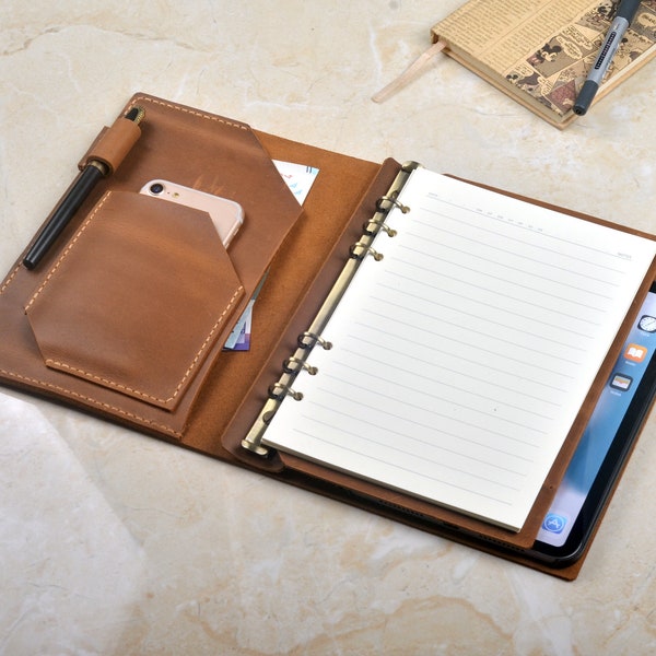 iPad mini cuir A5 Binder Cover, iPad mini avec papier A5, cuir 6 anneaux Binder Traveling Folio Case, Crazy Horse cuir cadeau personnalisé