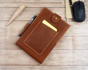 Handmade Leather Steno Book Cover for 6x9 Field Notes Refillable Folio,with Pen Holder,Personalized Notebook Case,Gift