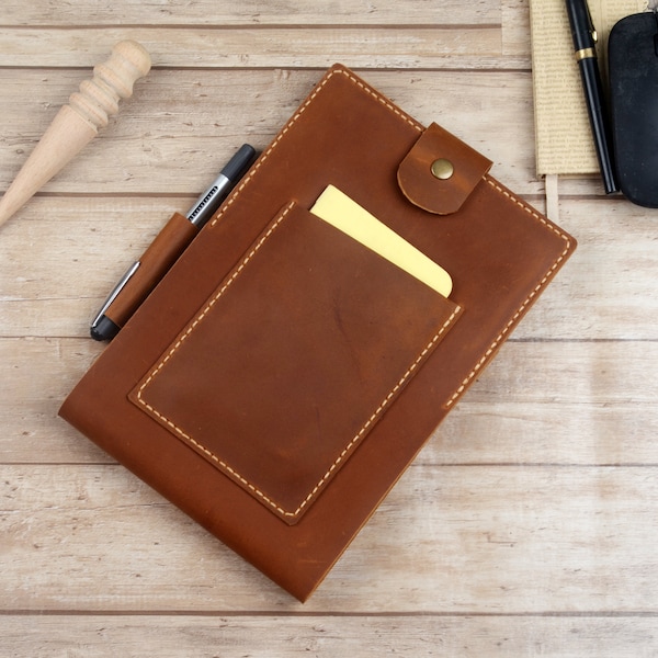 Handmade Leather Steno Book Cover for 6x9 Field Notes Refillable Folio,with Pen Holder,Personalized Notebook Case,Gift