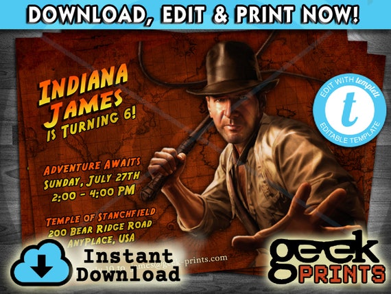 Indiana Jones Birthday Invitation Custom Printable Templett - Movie
