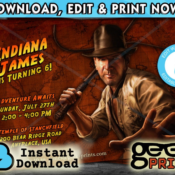 Indiana Jones Birthday Invitation Custom Printable Templett - Movie Theme
