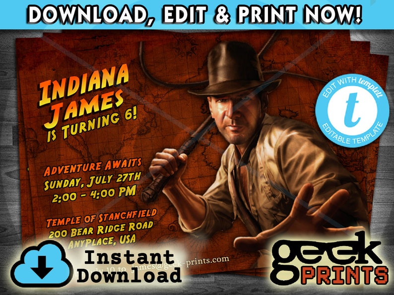 Indiana Jones Birthday Invitation Custom Printable Templett | Etsy