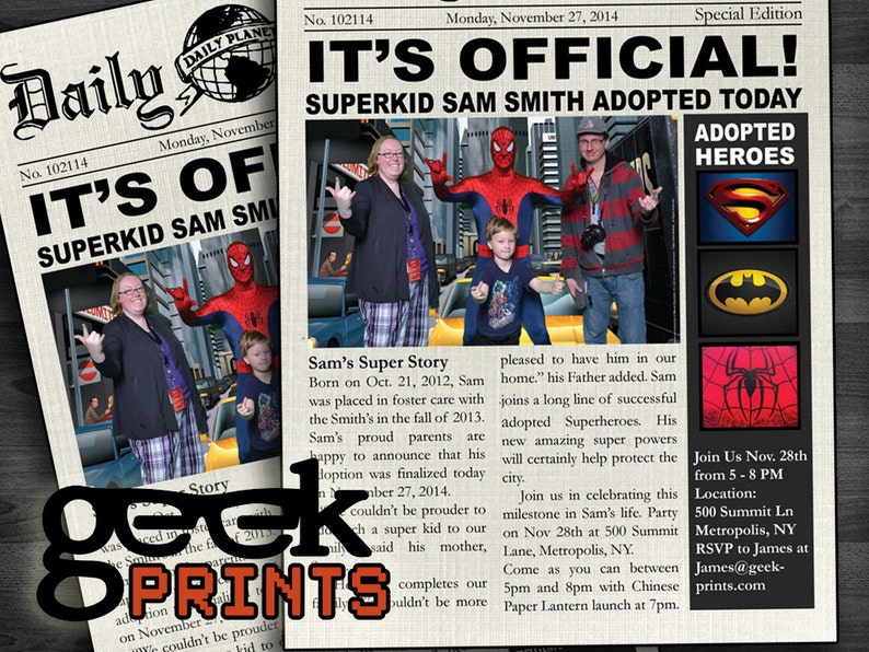 Adopted Super Hero Newspaper Printable Invitation image 6