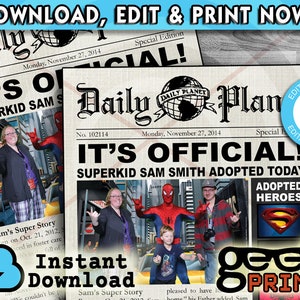 Adopted Super Hero Newspaper Printable Invitation