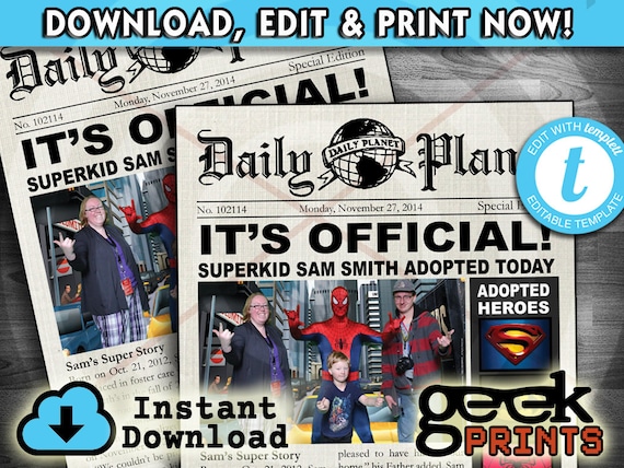 Adopted Super Hero Newspaper Printable Invitation Etsy