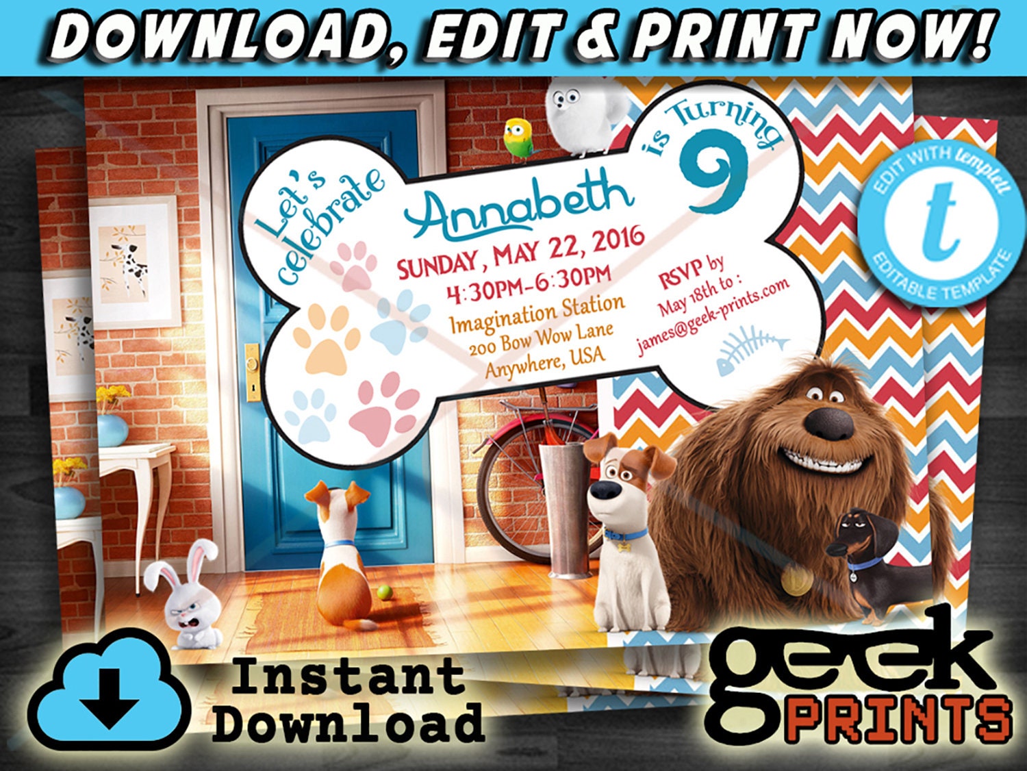The Secret Life Of Pets Tattoo Retro Stripes Children's Party Invitations