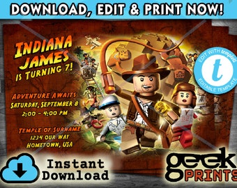 May include: A printable invitation for a 7th birthday party featuring Indiana Jones and Lego characters. The invitation is brown with a jungle theme and includes the text "Indiana James is turning 7!" and "Adventure Awaits Saturday, September 8 2:00-4:00 PM Temple of Surname 1234 Our Way Hometown, USA".