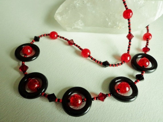 Black-Tone Red Beaded Necklace 16 Adj. Black-Tone Red Beaded Necklace 16 Adj.