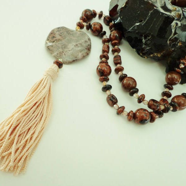 Crazy Horse Stone Pendant Necklace, Tassel Pendant, Rich Brown and Black Mahogany Obsidian Gemstone Beads, Jewelry Gift