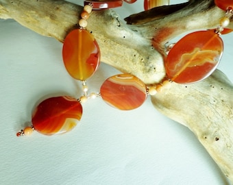 Burnt Orange Red Agate Necklace, Red Orange Gemstone Beads Pendant Necklace, Statement Necklace, Jewelry Gift for Her